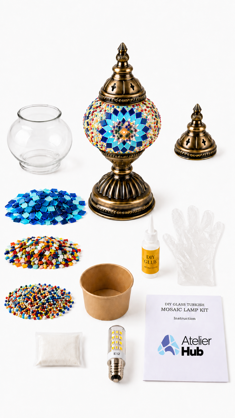 Mosaic lamp DIY kit box with glass pieces, tools, adhesive and lamp base
